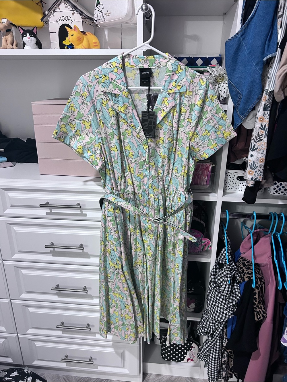 Disney Pastel Floral Midi Shirt Dress in Mint and Yellow Tinkerbell